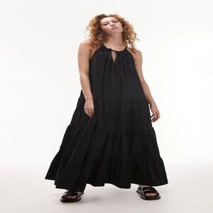 TOPSHOP Black Cotton Poplin Oversize Tiered Maxi Dress S